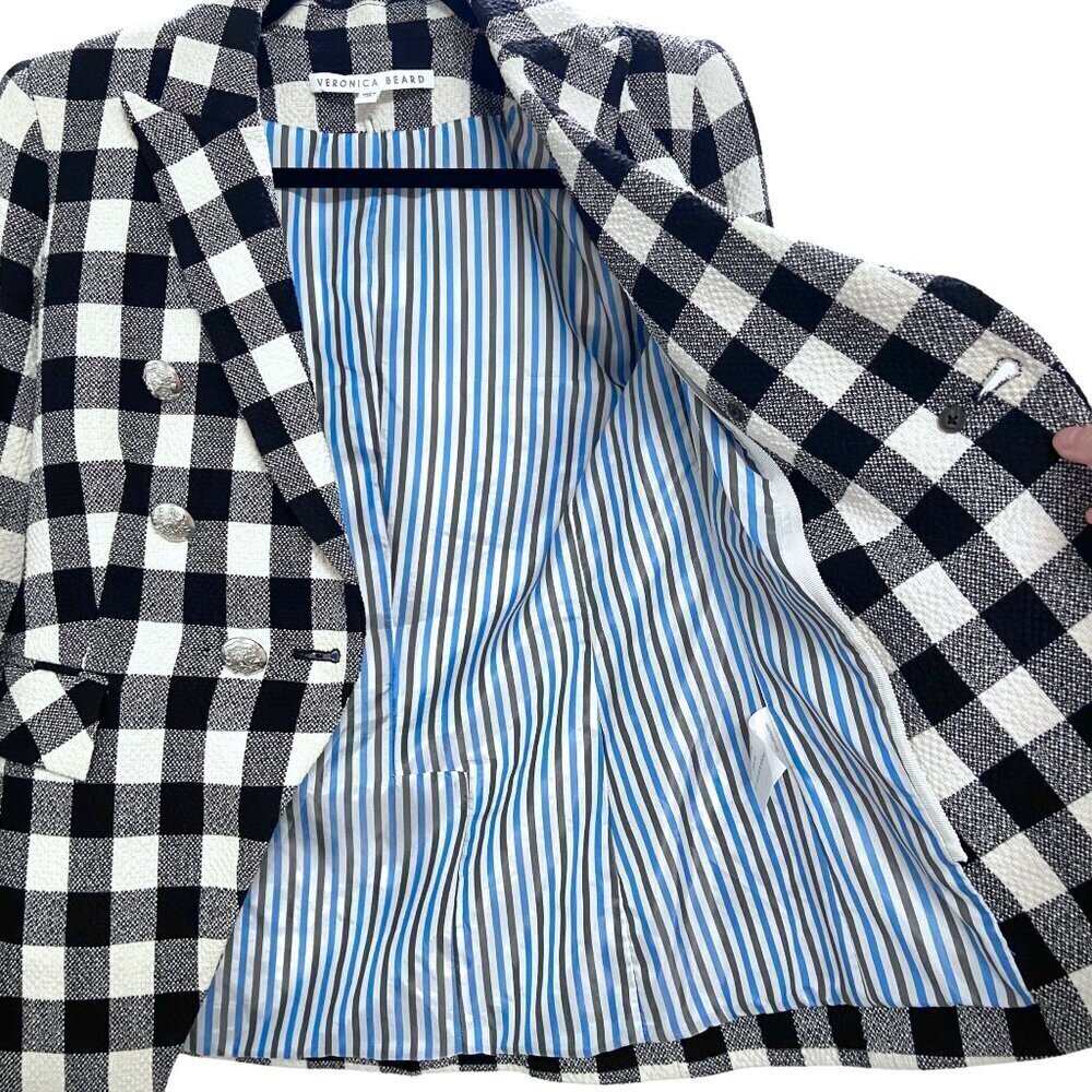 Veronica Beard Miller Dickey Tweed Blazer Black White Gingham Double Breast Sz 0 - Picture 11 of 15